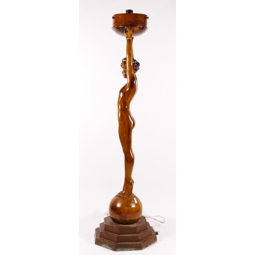 77 - An Art Deco style figural table lamp, cold painted spelter, depicting an outstretched flapper girl u... 