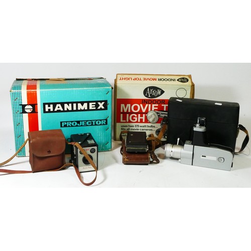 72 - A collection of vintage technology, to include a cased Saimic Super 8 cine camera, a Box-Brownie cam... 