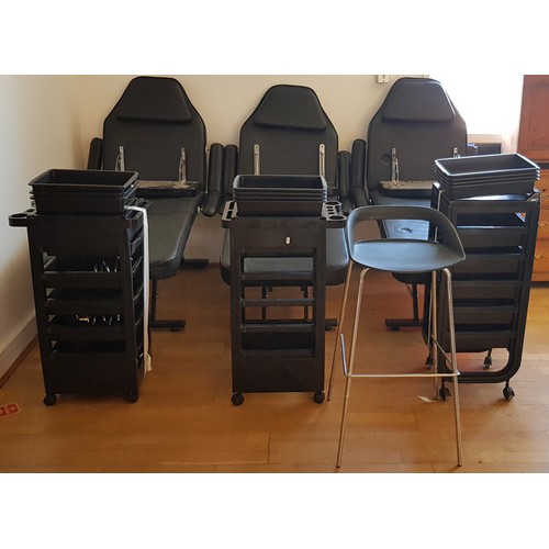 611 - Three massage / tattoo chairs, with adjustable leg and back rest, removable headrest and arm rests, ... 