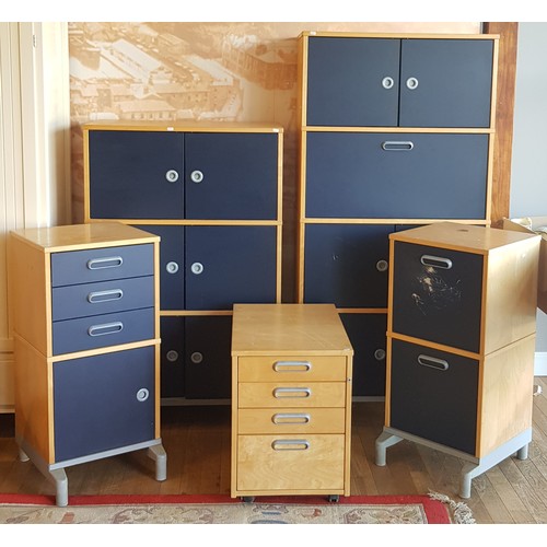 612 - Four Ikea office filing/storage cabinets, having a contemporary two tone finish, solid beech and mel... 