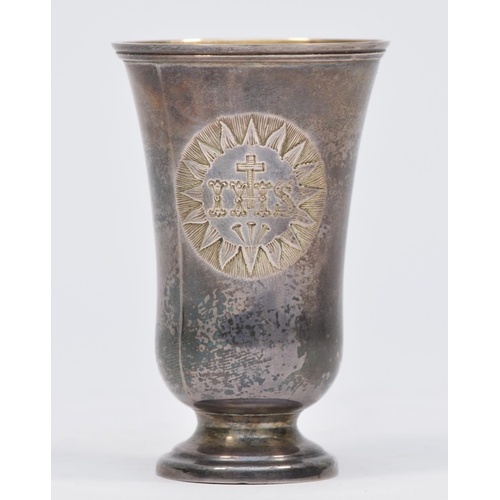 21 - A Victorian silver communion cup, Birmingham 1860, engraved IHS, gilt interior, 7cm, 33gn