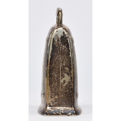 23 - A Scottish silver presentation hand bell, Edinburgh 1929, with applied Celtic border, clanger, 9cm, ... 