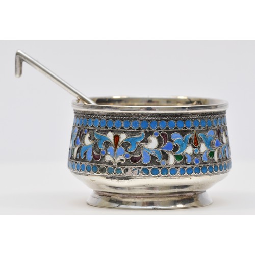 37 - A Russian silver and cloisonne salt pot, bearing pre Revolution assay marks, together with a matchin... 