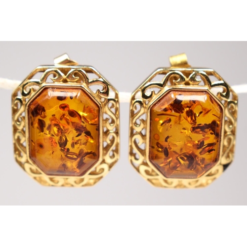 51 - A continental 14k gold and amber pair of ear studs, bearing control marks, 18 x 15cm overall, 5.8gm.