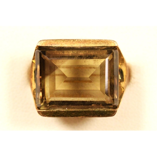 54 - A vintage 9ct gold smokey quartz single stone ring, Birmingham 1975, stone 15 x 12mm, P 1/2, 7.9gm.
