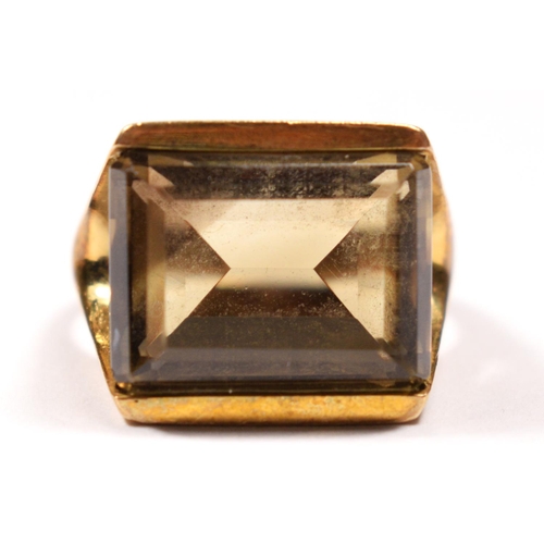 54 - A vintage 9ct gold smokey quartz single stone ring, Birmingham 1975, stone 15 x 12mm, P 1/2, 7.9gm.