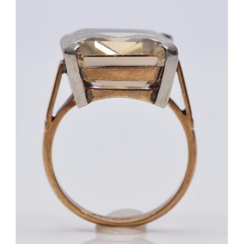 63 - A vintage 9ct gold and citrine dress ring, 16 x 14mm, white gold claws, L 1/2, 6.4gm