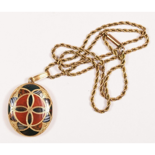 72 - A Victorian Scottish gold and pebble oval locket, the double sided geometric design set with various... 