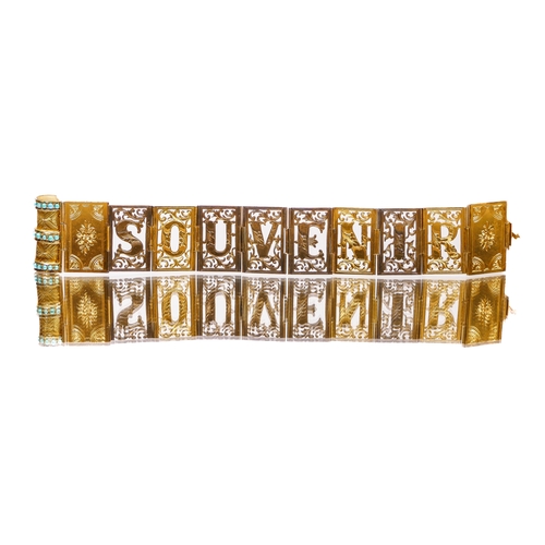 73 - A Victorian gold turquoise book bracelet, retailed by John Brogden, composed of pierced and engraved... 