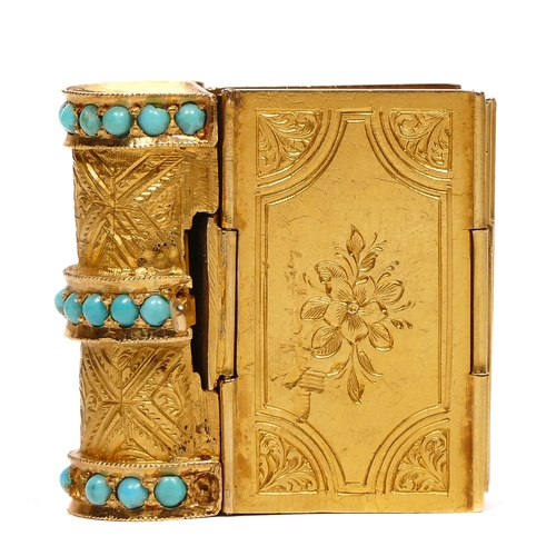 73 - A Victorian gold turquoise book bracelet, retailed by John Brogden, composed of pierced and engraved... 