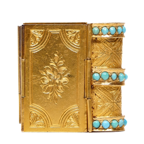 73 - A Victorian gold turquoise book bracelet, retailed by John Brogden, composed of pierced and engraved... 