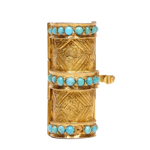 73 - A Victorian gold turquoise book bracelet, retailed by John Brogden, composed of pierced and engraved... 