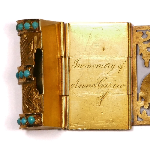 73 - A Victorian gold turquoise book bracelet, retailed by John Brogden, composed of pierced and engraved... 