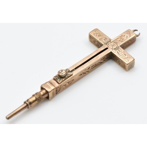 85 - A Victorian gold propelling pencil in the form of a cross, unmarked but tested 9ct gold, 39 x 19mm, ... 