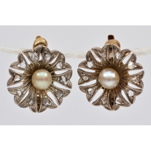 90 - A Victorian pair of silver fronted with rose gold pearl and rose cut diamond earrings, probably natu... 