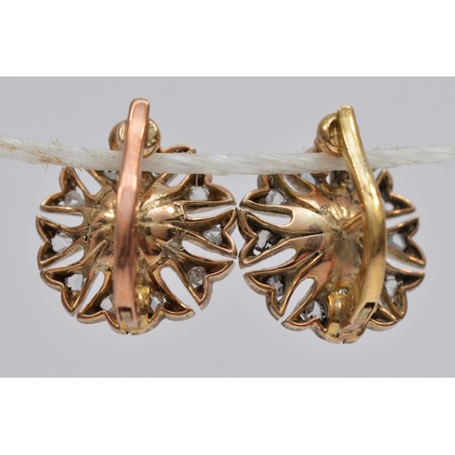 90 - A Victorian pair of silver fronted with rose gold pearl and rose cut diamond earrings, probably natu... 