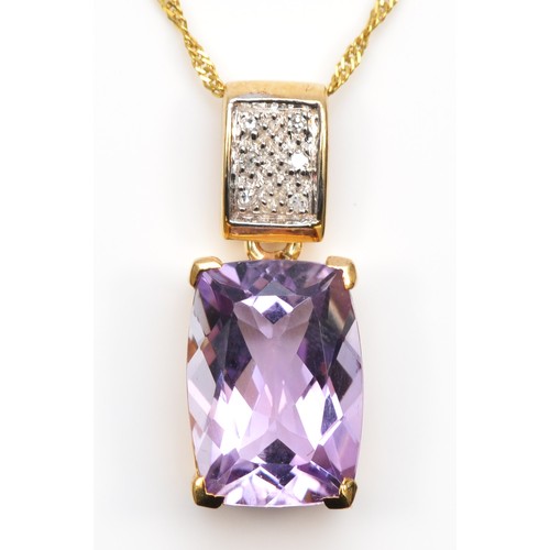 93 - A 9ct gold amethyst and diamond pendant, stone 14 x 10mm, six single cut stones above chain, 4.8gm