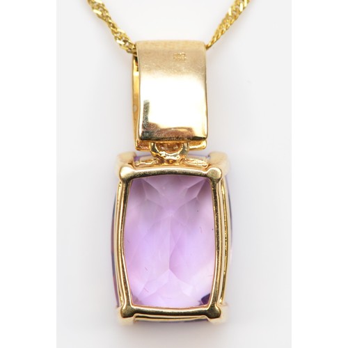 93 - A 9ct gold amethyst and diamond pendant, stone 14 x 10mm, six single cut stones above chain, 4.8gm