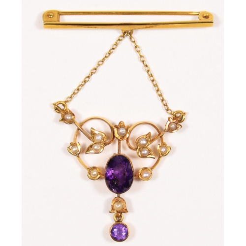 97 - A Victorian 9ct gold, amethyst and half pearl openwork pendant, 9c tab, collet set with oval mixed c... 