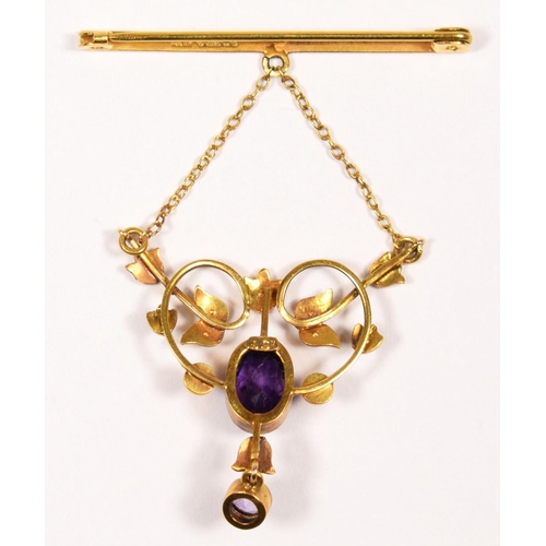 97 - A Victorian 9ct gold, amethyst and half pearl openwork pendant, 9c tab, collet set with oval mixed c... 