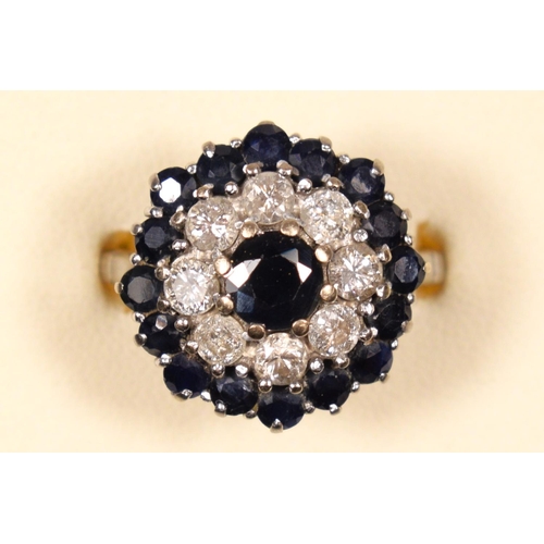 100 - An 18ct white gold sapphire and diamond cluster ring, claw set with brilliant cut stones, diamond we... 