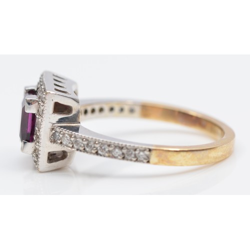 107 - A 9ct gold square cut garnet and brilliant cut diamond cluster ring, diamond set shoulders, P, 4.5gm