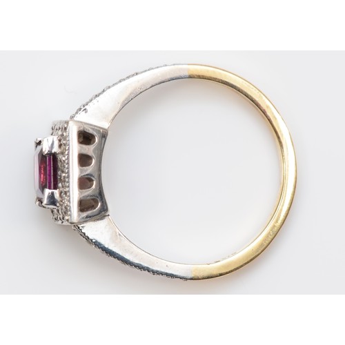 107 - A 9ct gold square cut garnet and brilliant cut diamond cluster ring, diamond set shoulders, P, 4.5gm