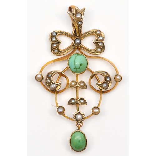 109 - A Victorian 9ct turquoise matrix and half pearl openwork scroll pendant, 9ct tab, 42 x 25mm, 3.2gm