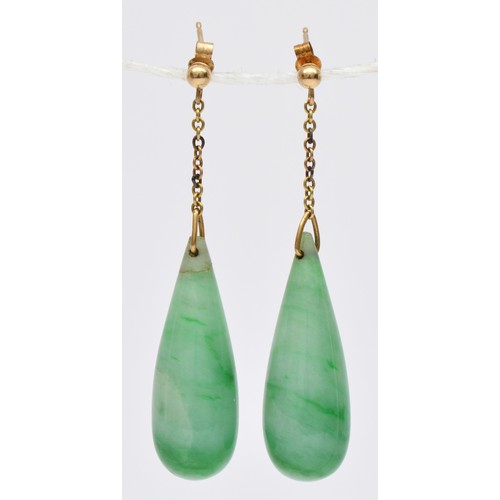 111 - A pair of gold mounted jadeite pear shape drop earrings, stone 30 x 10mm