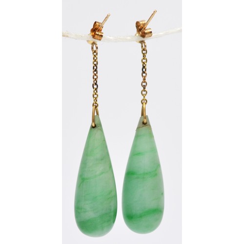 111 - A pair of gold mounted jadeite pear shape drop earrings, stone 30 x 10mm