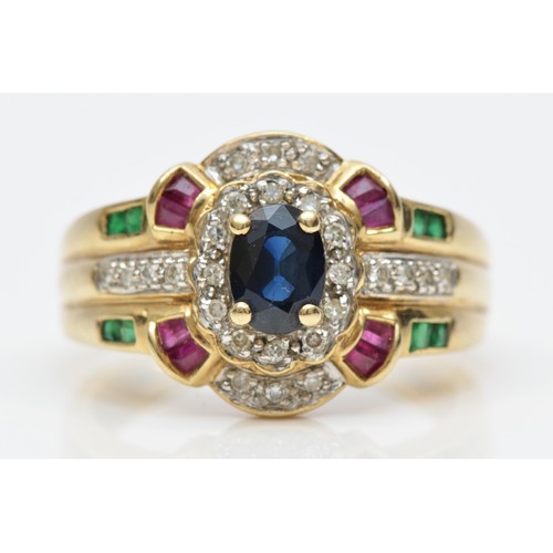 114 - A QVC 9ct gold diamond, sapphire, ruby and emerald dress ring, U, 4.5gm