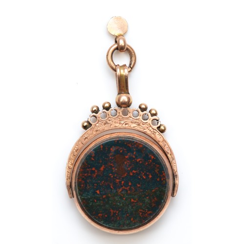 116 - A Victorian 9ct rose gold swivel fob, Birmingham 1890, carnelian and bloodstone, 22mm, 7.3gm