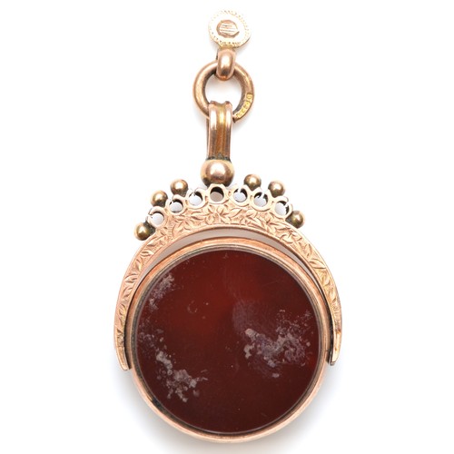 116 - A Victorian 9ct rose gold swivel fob, Birmingham 1890, carnelian and bloodstone, 22mm, 7.3gm