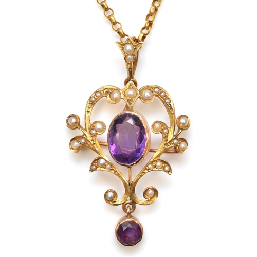 124 - A Victorian 9ct gold, amethyst and half pearl openwork scroll brooch pendant, 42mm overall, to a 9ct... 