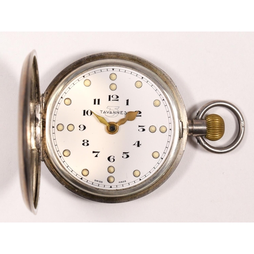 130 - Tavannes, a silver key less wind full hunter Braille pocket watch, Glasgow import 1937, 50mm.