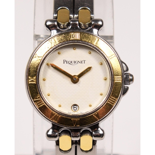 134 - A Pequignet, stainless steel and 18k gold (unmarked) quartz date ladies wristwatch, the bracelet wit... 