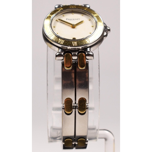 134 - A Pequignet, stainless steel and 18k gold (unmarked) quartz date ladies wristwatch, the bracelet wit... 