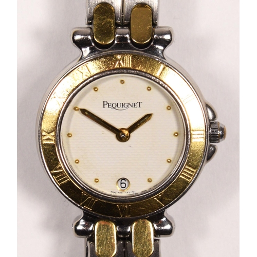 134 - A Pequignet, stainless steel and 18k gold (unmarked) quartz date ladies wristwatch, the bracelet wit... 