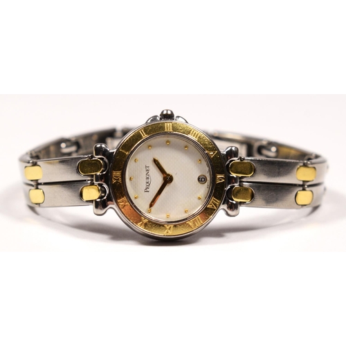 134 - A Pequignet, stainless steel and 18k gold (unmarked) quartz date ladies wristwatch, the bracelet wit... 