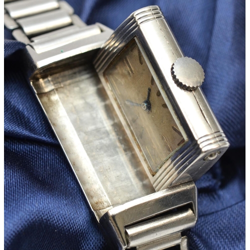 142 - Le Coultre Reverso, an Art Deco ladies manual wind wristwatch, the silvered dial faintly signed REVE... 