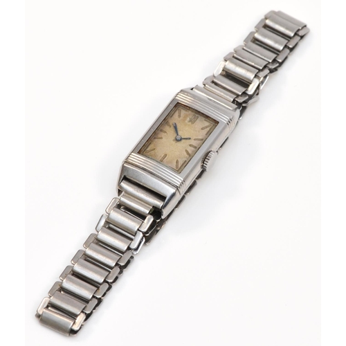 142 - Le Coultre Reverso, an Art Deco ladies manual wind wristwatch, the silvered dial faintly signed REVE... 