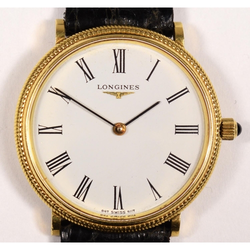 139 - A Longines, 18k gold manual wind gentleman's wristwatch, c.1980, the white dial with black Roman num... 