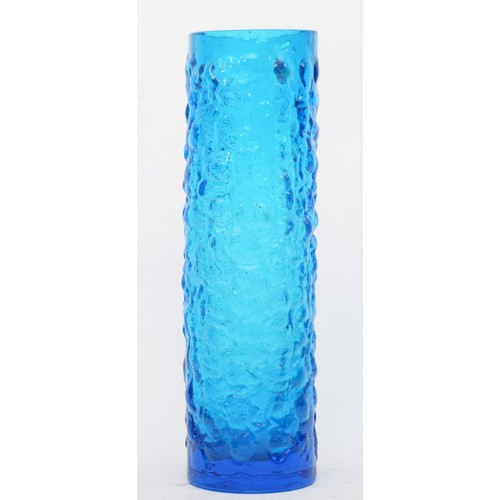 156 - Whitefriars, a cylindrical glass Bark vase in Kingfisher blue, 30.5cm.