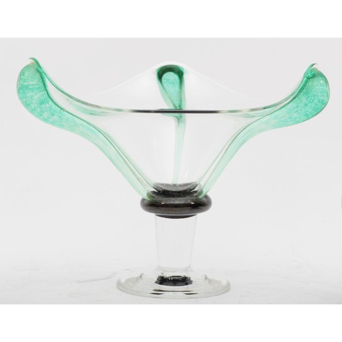 158 - Gillies Jones of Rosedale, a free-form glass pedestal vase with green ribbed decoration, signed & da... 