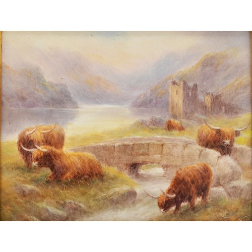 168 - A Bronte Porcelain rectangular ceramic plaque, Highland Landscape, depicting Highland cattle grazing... 