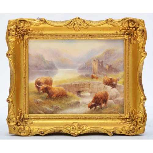 168 - A Bronte Porcelain rectangular ceramic plaque, Highland Landscape, depicting Highland cattle grazing... 