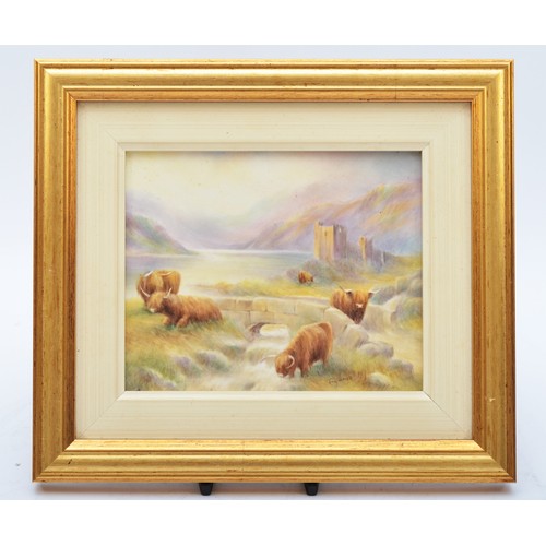 169 - A Bronte Porcelain rectangular ceramic plaque, Highland Landscape, depicting Highland cattle grazing... 