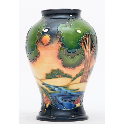 171 - A Moorcroft tube baluster vase, Evening Sky, c.2003, signed on base by artist, Emma Bossons, 16cm.