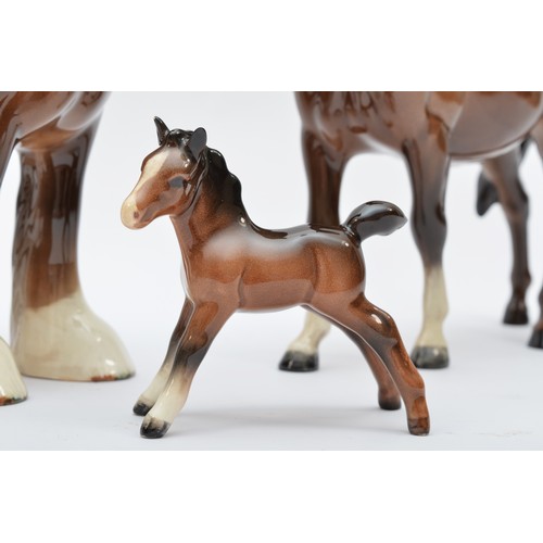 176 - A Beswick shire horse, two chestnut horses and two foals (5).