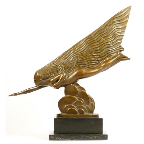 202 - Riviere, an Art Deco style bronze of a flying lady, raised on an onyx base, length 34cm.